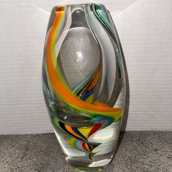Vintage Vase With Colorful Ribbon Marble Swirls Murano Style Home Decor 9"T - Picture 1 of 7